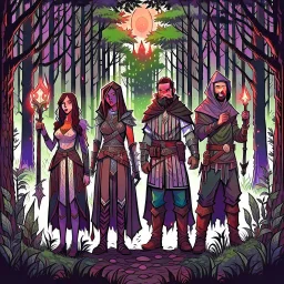 A group of four characters from a fictional book world. A witch, a gladiator, a thief, and an enchanter. The characters are in a dark forest. The characters are shrouded in mystery.