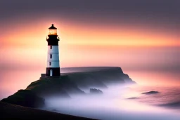 Lighthouse in England, foggy day with a climp of sunset, seagull