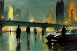 Futuristic city in a cloudy day, lake, people, sci-fi, cyberpunk influence, space, lesser ury impressionism painting