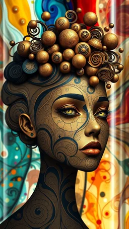 A digital artwork of women face adorned with intricate patterns and designs. The figure's face is covered in swirling lines, circles, and other abstract patterns in hues of mocha, navy and gold. Her head is uniquely decorated with a bouquet of spiraling, bubble-like structures. The background is a colorful glass , with abstract patterns that complement the figure's design. The overall ambiance of the image is dreamy and surreal.