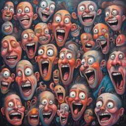 multiple characters with happy faces and different emotions, broken mind ,neo expressionism, acrylic painting, ultra detailed, grotesque, bizarre, strange