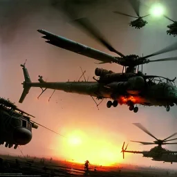 vietnam war. war report. one helicopter. bokeh. lens flare. warm lights. high detailed. beksinski