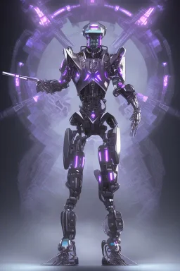 Full body, futuristic black robot Ninja fighting with 2 swords, night time, glowing purple armor, fighting pose, jumping high