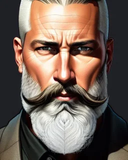 "MIddle aged white human male, with a trimmed but uneven beard, piercing green eyes with slick back hair, full-scale head and shoulders portrait, 8k resolution concept art portrait by Greg Rutkowski, Artgerm, WLOP, Alphonse Mucha dynamic lighting hyperdetailed intricately detailed Splash art trending on Artstation triadic colors Unreal Engine 5 volumetric lighting Splash art fantasy"