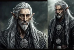 ancient grizzled, gnarled elf vagabond wanderer, long, grey hair streaked with black, highly detailed facial features, sharp cheekbones. His eyes are black. He wears weathered roughspun Celtic clothes, emaciated and tall, with pale skin, full body , thigh high leather boots and has a dark malevolent aura within swirling maelstrom of ethereal chaos in the comic book style of Bill Sienkiewicz and Jean Giraud Moebius in ink wash and watercolor, realistic dramatic natural lighting