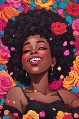 A sassy pop punk art cartoon of a black female lounging lazily on her side, surrounded by colorful roses flower petals. Looking up coyly, she grins widely, showing teeth. Highly detailed black afro , regal expression.