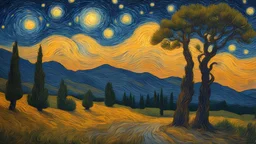 In the style of van gogh starry night,Νύχτα, Tuscany , cypresses στην ακρη μιας λιμνης, dramatic scene, festive, fireflies..Picture with references on Gustav Klimt