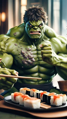 a hulk eating sushi with chopsticks, photo, 8K UHD, police
