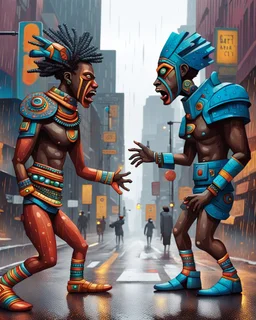two arafed persons arguing in middle of street, yikes art, afrofuturism, arafed angularity, art cracking the road, angular aztec vibe, whimsical arafed nonsense, patchwork vibe, (((side view))) two arafed cyberlords fighting each other in a rainy whimsical downtown street with extreme body action and with (((exaggerated body parts))), (((oversize head))), sharp color contrasts, amazing shadows, (((exaggerated limbs and head))), minimal cozy, warm palette, bright bold warm summer colors