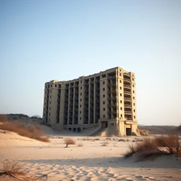 Fotografia di un grande grattacielo moderno brutalista, che sembra un tugurio, parzialmente sommerso. La struttura è erosa e inglobata dal paesaggio naturale, come se il tempo o l'ambiente avessero iniziato a "riassorbirla". No. L'atmosfera è desolata e surreale, con un ambiente circostante spoglio e sabbioso hasselblad h6d400c --ar 85:128 --v 6.0