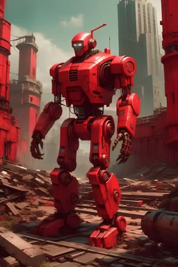 a huge shiny crimson robot explored the ruins of a metropolis