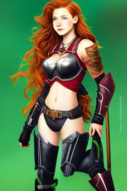 concept illustration,ultra-relaistic, super-detailed, strikingly beautiful teen female, 16 years old, long ginger hair, green eyes, medium freckles, full lips, full body, full face, b-cup breasts, athletic, centred camera, ignore NSFW, leather armor, athletic, sitting, legs spread