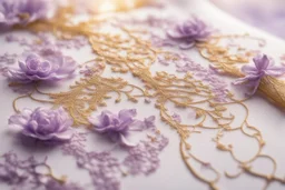 Lace embroidered with gold and lilac silk thread, flowers, melting watercolor and black ink outlines on wet paper, soft, shading strokes, in sunshine, ethereal, otherwordly, cinematic postprocessing, bokeh, dof