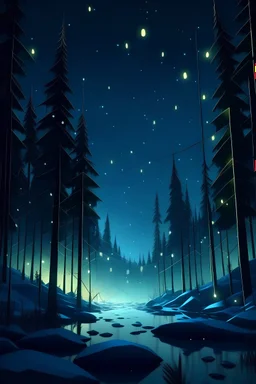 polygonal art,photo of a snowy fir forest,midnight hour,fireflies,lakeside,8k, volumetric lighting, Dramatic scene, style disney