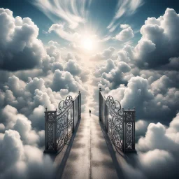 Hyper Realistic Aerial View Of Heaven's Road On Heaven's Sky & Heaven's Huge Fancy Gate With White Clouds At Cloudy-Day Environment Showing Dramatic & Cinematic Ambiance.