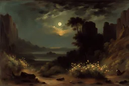 Night, clouds, flowers, rocks, mountains, trees, sci-fi, rodolphe wytsman and alfred stevens impressionism paintings