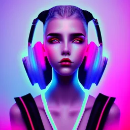 woman teenager, headphones, retro futuristic, shaved hair, latex, gradient color, BLUE, PINK, CYAN, neon, insanely detailed, 16k resolution, perfect eyes, cinematic smooth, intricate detail