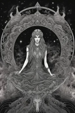 mystical female weird creature, mystic dark matter, dark energy, Fibonacci sequence, dark shadows, etheral, mist, ezoteric, mystic dark sky, surreal, sensitive, sinister, dark fantasy, space between the living and the dead, creepy, inks, splash, intricately detailed, sharp focus, cinematic, masterpiece