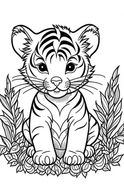 cute coloring page, sketch style, cute baby tiger in the jungle, cute cartoon, white and black, withe background, no shadows, outline.