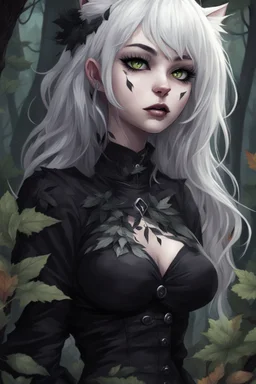 CAT GIRL, goth, forest, nature, cartoon, leaves, boobs, portrait, colour image, white hair