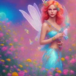 bright fairy in a flowery landscape synthwave, colorful, psychedelic, fairytale artstation, concept fairy art, smooth, extremely sharp detail, finely tuned detail, ultra high definition, 8 k