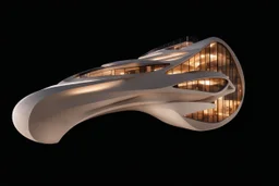 Edificio de concreto, ventanales de vidrio, estilo Zaha Hadid, calidad ultra, hiperdetallado, 8k, 3D