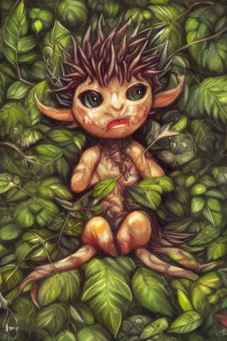 cute tiny forest demon sitting on a fallen leaf, intricately detailed, photorealistic, oil on canvas, trending on art station, high definition, hdr, cute, beautiful in sunshine