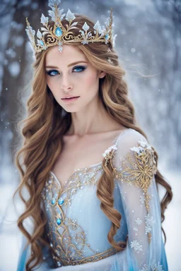 Gorgeous Photography very Beautiful super model Europian as snow princess,brown gold hair,rapunzel hair,very long hair,elven crown, light blue, white, ice, glitter,sparkle,ice flowers,fairy princess, ice fairy,golden armor,ice crystals