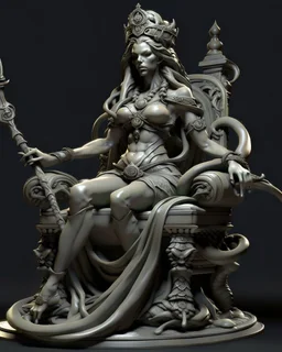 full-length, detailed persona, sword in hand, gorgon medusa, sitting on a throne in a relaxed pose