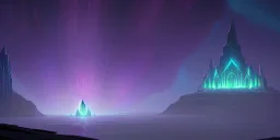 Huge stone temple inside a high Mountaintop cliffside, aurora borealis, fantasy, snow storm