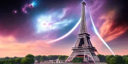 Eiffel tower made from diamonds . nebula in sky . flying cars passing by.