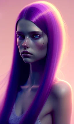 girl, cute, beautiful, long hair, head and shoulders portrait by Greg Rutkowski, purple hair