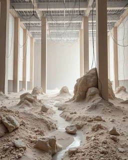 Photograph, a mass of wires, giant museum space, building, pillars, high walls, schermi di computer, high towers in a room, rag, powder, brook, sediments, deflagration of the background, geological formation, light, architecture, minimalist, details of the terrain very accentuated, 8k, deep 3d field, sharp, brutalist, hasselblad h6d400c --ar 85:128 --v 6.0