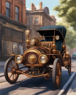 an ultra 8k detailed painting of a steampunk car, driving in a street in a victorian town, by Frederic Leighton, generative art, intricate patterns, colorful, photorealistic