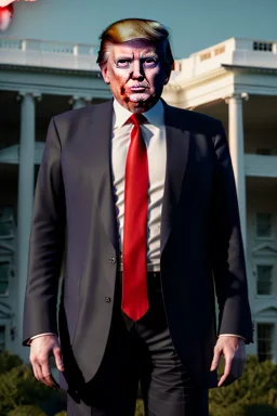 Ultra realistic image night, Donald trump zombie, suit, blood, torn arm, night, the walking dead style, dark ambient, highly detailed, White House background, concept art, unreal engine 5, ray tracing, RTX, ultra detail, volumetric lighting, high definition, high resolution.