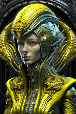 A beautiful alien wearing a bioluminescense yellow zafír biomechanical silver metallic diadem headress, wearing biomechanical amalgamation style leather jacket dress ribbed with silver floral metallic filigree biomechanical vantablack pattern, organic bio spinal ribbed detail of gothic winter backround extremely detailed maximalist hyperrealistic portrait art