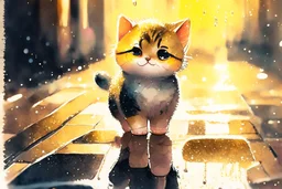 cute happy chibi cat standing on a wet cobblestone road in sunshine, watercolor and black in outlines, golden glitter, ethereal, cinematic postprocessing, bokeh, dof