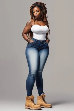 Create a watercolor image of a curvy black female wearing tight cut up jeans and a off the shoulder white tshirt with timberland boots. Prominent make up with hazel eyes. Highly detail dread locs