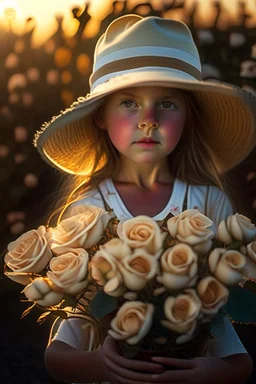 A little girl from Russia at the age of 7 years holds a lot of roses and puts them on her face, and she wears a white Bucket Hat, she puts the roses in front of her face, so her face does not appear, so her face does not appear,(Many Flowers: 1.2), Soft Light, Golden Hour, Upper Body, HDR, 8k, Natural Skin Texture, AO, Intricate, Highly Detailed, Sharp Focus, Crazy Detail, Intricate Detail, Highly Detailed ,The girl looked down