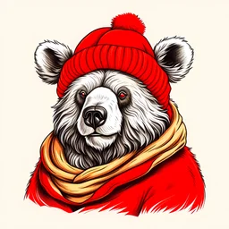 santa suit bear, beard, red stocking cap, illustration