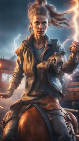 hypnotic portrait of a yoga instructor on a horseback,flashy magazine cover illustration, fallout 4 docks setting, horror weird cowboy wizard cyberpunk weasel in female garments on top of train ,holding dynamite, getting hit by lightening electric arc, with big disturbed eyes,bokeh like f/0.8, tilt-shift lens 8k, high detail, smooth render, down-light, unreal engine, prize winning