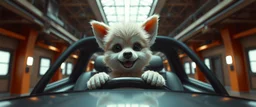 car driving happy 2d fluffy elf dog in the style of Escher and Giger and Fallout 4, pinhole cam, airbrush 3d rendering, on tv screen:A five-second cinematic single take in a clean industrial presentation hall.