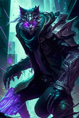 Rengar from league of legends in style cyberpunk, hunting his enemy