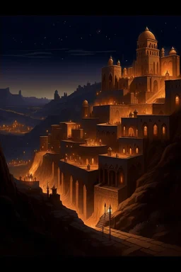 Create surrealistic image of a walled ancient city sitting in the distance at night as viewed from the rim of a canyon about the city. The city is lit with torch sconces around the perimeter with windows high up on the walls. Soldiers in armor patrol the walls surrounding the city under the flickering torchlight and a full moon above. One window high up on the wall has a red string hanging from it blowing in a gentle breeze