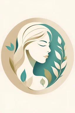 A logo combining a beautiful blonde woman and natural elements. Use soothing and earthy colors, such as soft browns, greens or calming blues, or warm beige or earthy tones. Create a minimalist icon that represents a person in a relaxed pose with a sense of tranquility and balance. Surround the figure with elements like leaves, water droplets, or a gentle swirl, which symbolize the healing properties and the natural connection of the wellness of massage therapy.