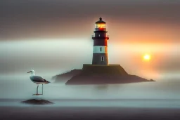 Lighthouse in England, foggy day with a climp of sunset, seagull is sitting in the foreground