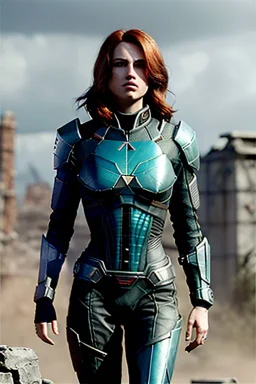 ultrarealistic, ruined city,__mass effect armor__, __angles__, 19 year old woman, strikingly beautiful, ginger hair, silver colour, [__starlets__|__starlets__], (pale __skincolor__ skin:1.2), __camera__, _hair_, detailed face and eyes, medium breasts, leather choker, freckles, dynamic pose, resolved expression, __accessory__, strappy outfit, (straps:1.1), sword in scabard on left hip, (buckles, buttons, snaps, rings:1.0), haltertop style breastplate, detailed eyes, plump lips, sci-fi theme