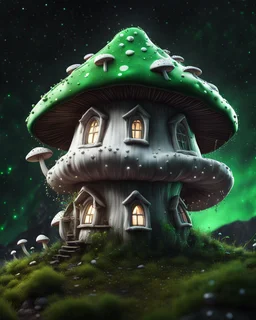 An illogically floating mushroom house on a clear night. white and white and green, Stars Dark cosmic interstellar. Detailed Matte Painting, deep color, fantastical, intricate detail, splash screen, hyperdetailed, insane depth, concept art, 8k resolution, trending on Artstation, Unreal Engine 5, color depth, backlit, splash art, dramatic, High Quality Whimsical Fun Imaginative Bubbly, perfect composition