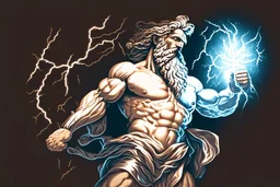 Detailed and realistic illustration of Greek god Zeus holding holding lightning. Vintage style illustration. Ultra high resolution.