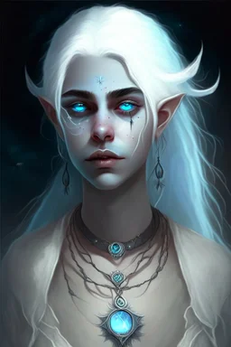 hauntingly beautiful character for dnd, young woman with white hair and blue eyes, angel, with moon necklace, fangs visible